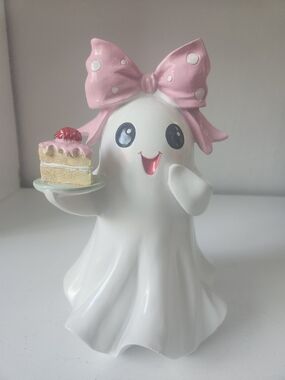 Cute Ceramic Ghost Figurine with Pink Polka Dot Bow and Cake With Strawberry